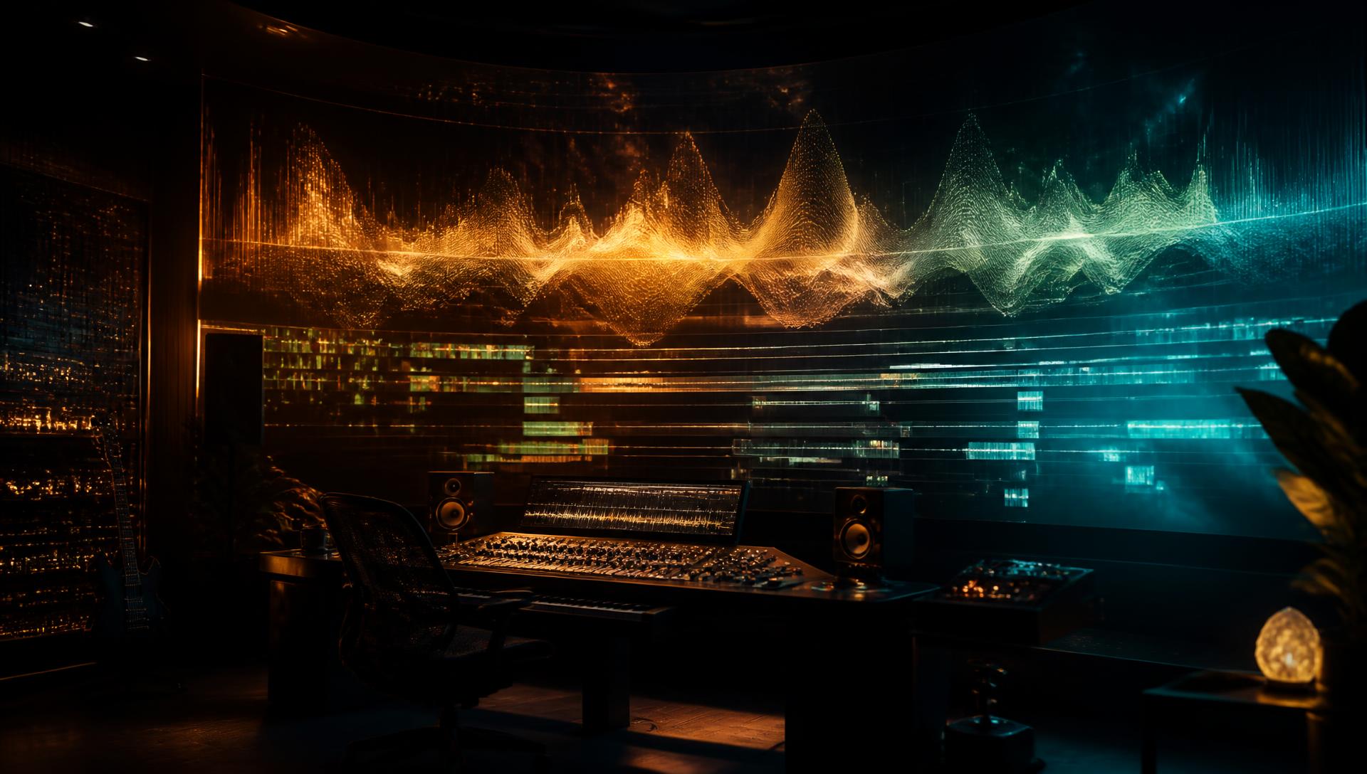 A dark studio with glowing waveform projections